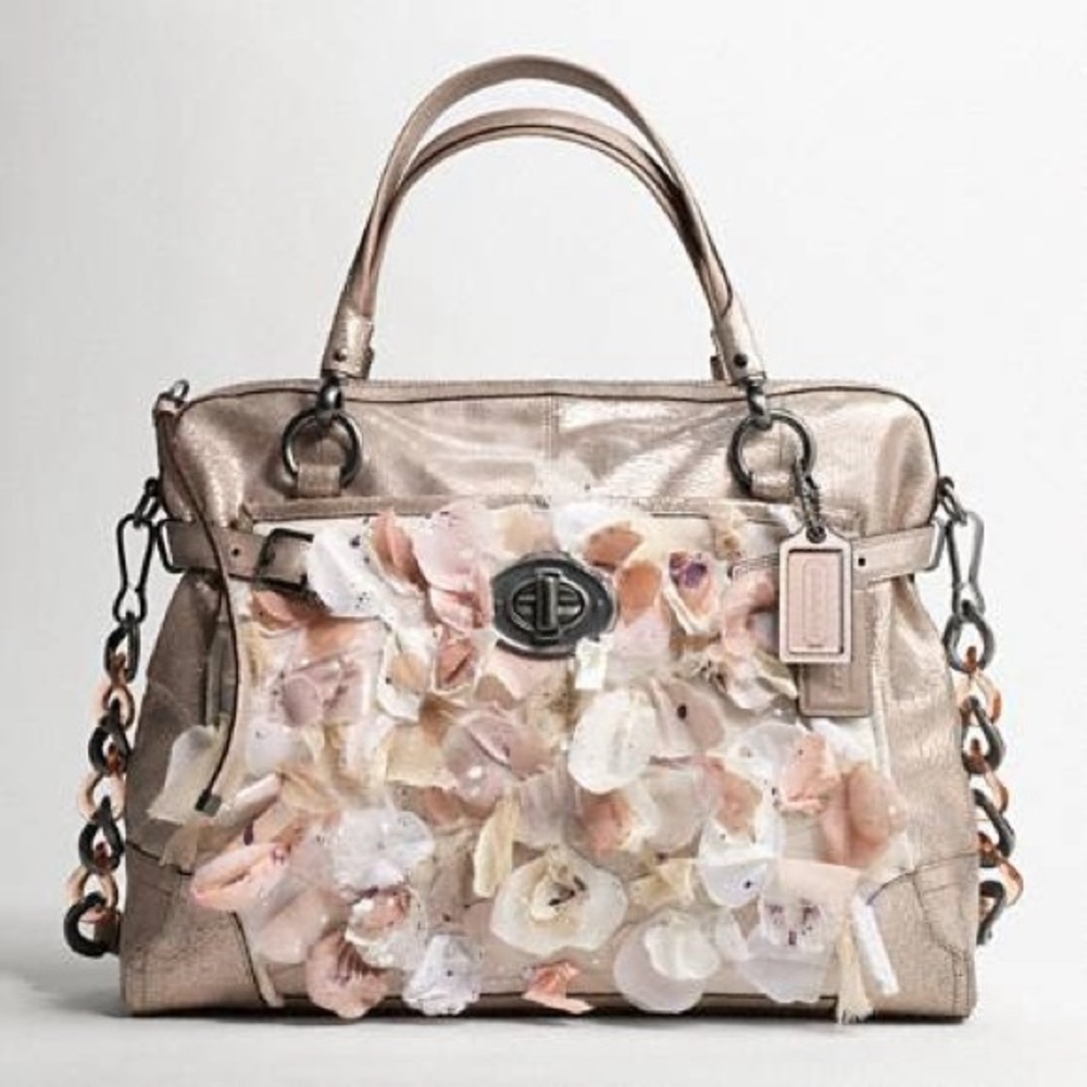 Coach Metallic Rose Gold Satchel with Floral Appliqué